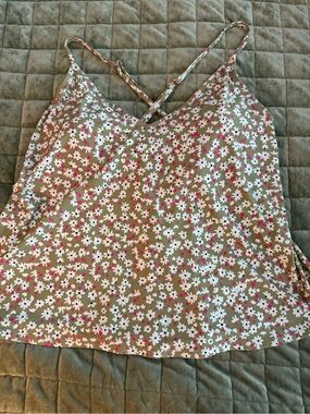 Floral Spaghetti Strap V-Neck  Tankini - Olive with White & Pink Flowers